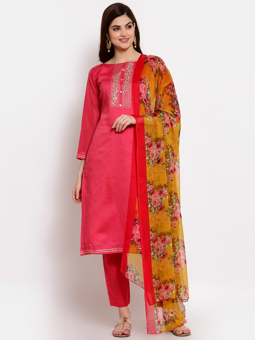 

SERONA FABRICS Pink & Yellow Embroidered Unstitched Dress Material