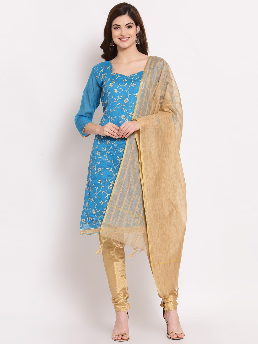 

SERONA FABRICS Blue & Gold Embroidered Unstitched Dress Material