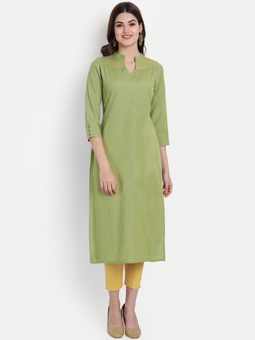 

SUTI Women Green Yoke Design Cold-Shoulder Sleeves Thread Work Kurta