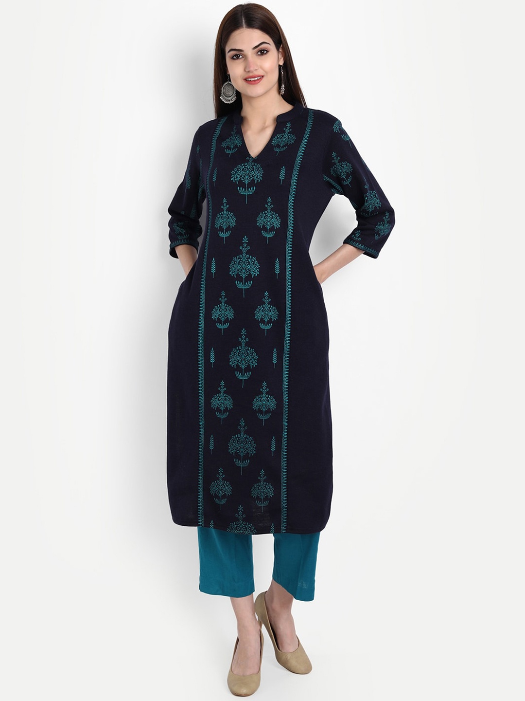 

SUTI Women Navy Blue & Teal Blue Ethnic Motifs Printed Kurta