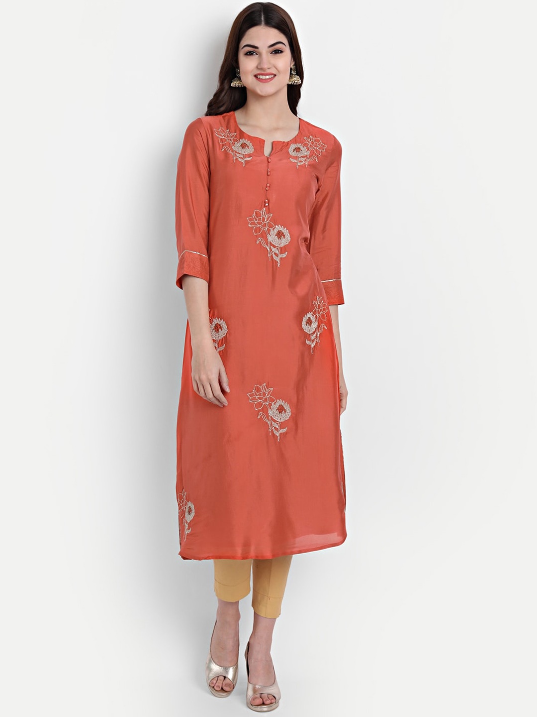 

SUTI Women Orange Quirky Embroidered Keyhole Neck Thread Work Kurta