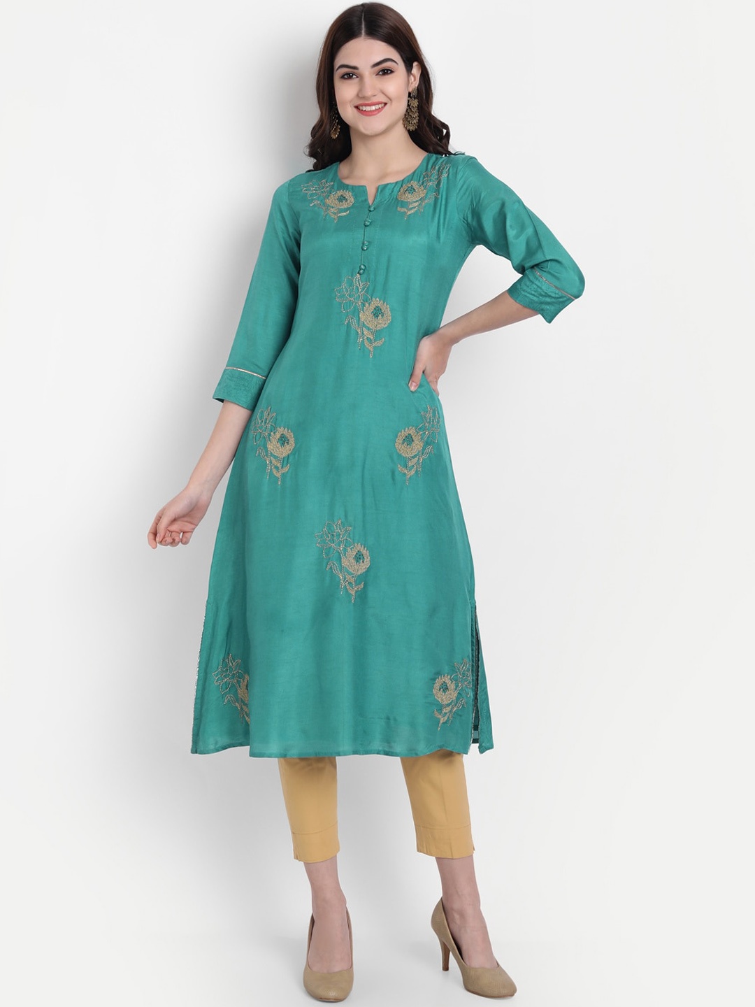 

SUTI Women Blue & Gold-Toned Ethnic Motifs Embroidered Zari Silk Kurta