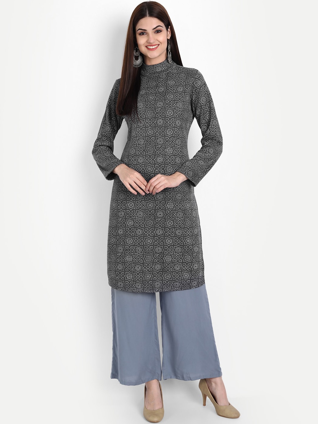 

SUTI Women Grey Geometric Printed Thread Work Kurta