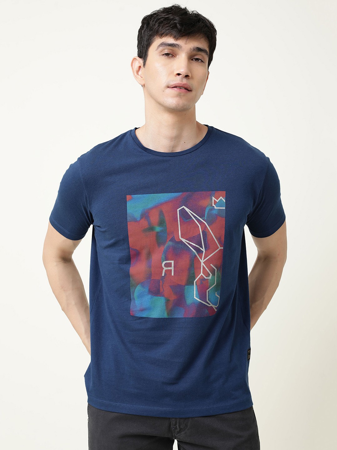 

RARE RABBIT Men Rings-4 Slim Fit Solid Polo Collar T-Shirt, Navy blue