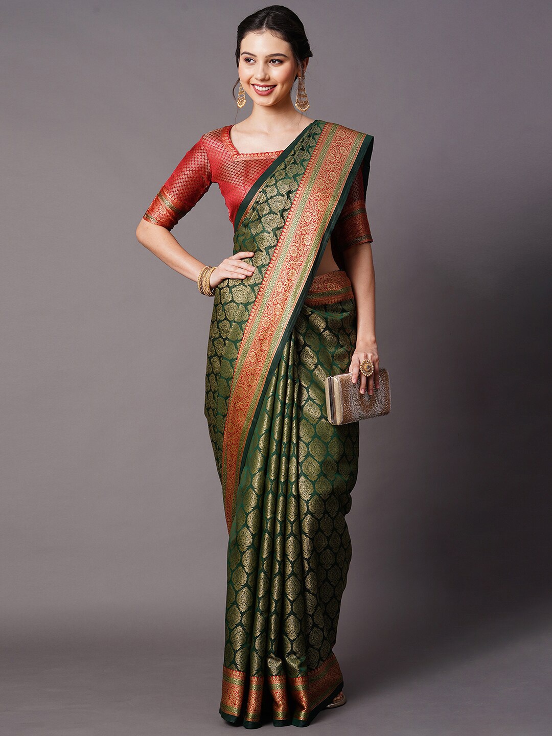

Mitera Green & Red Woven Design Zari Silk Blend Banarasi Saree