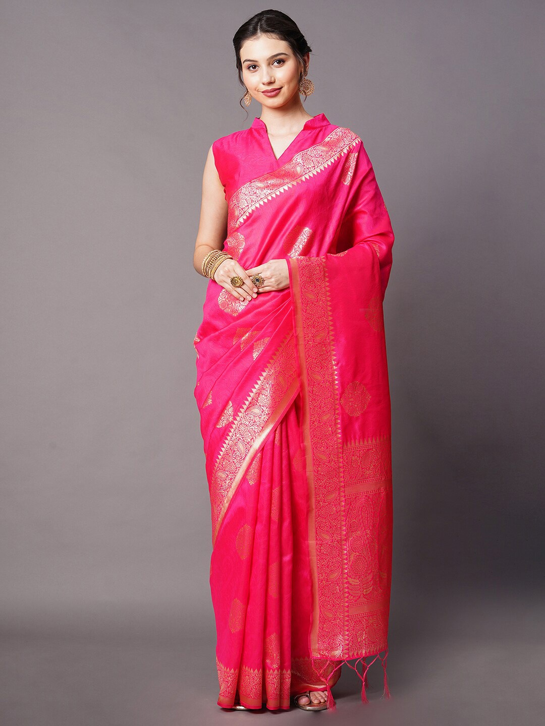 

Mitera Pink & Gold-Toned Woven Design Zari Silk Blend Banarasi Saree