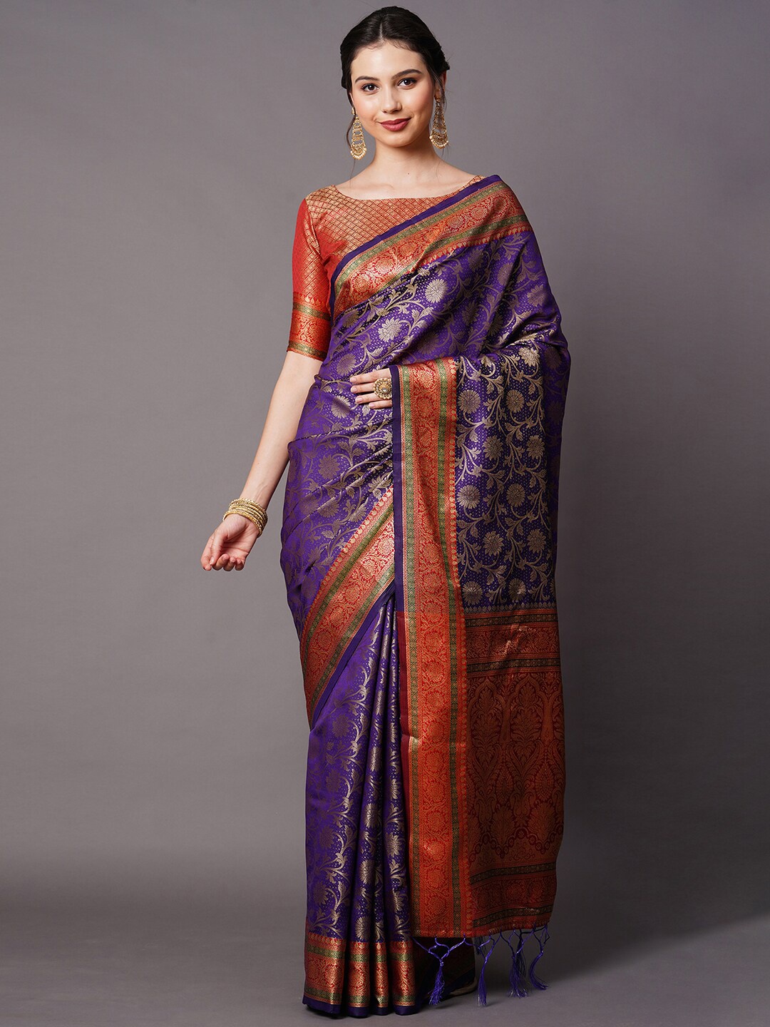 

Mitera Purple & Red Woven Design Zari Silk Blend Banarasi Saree
