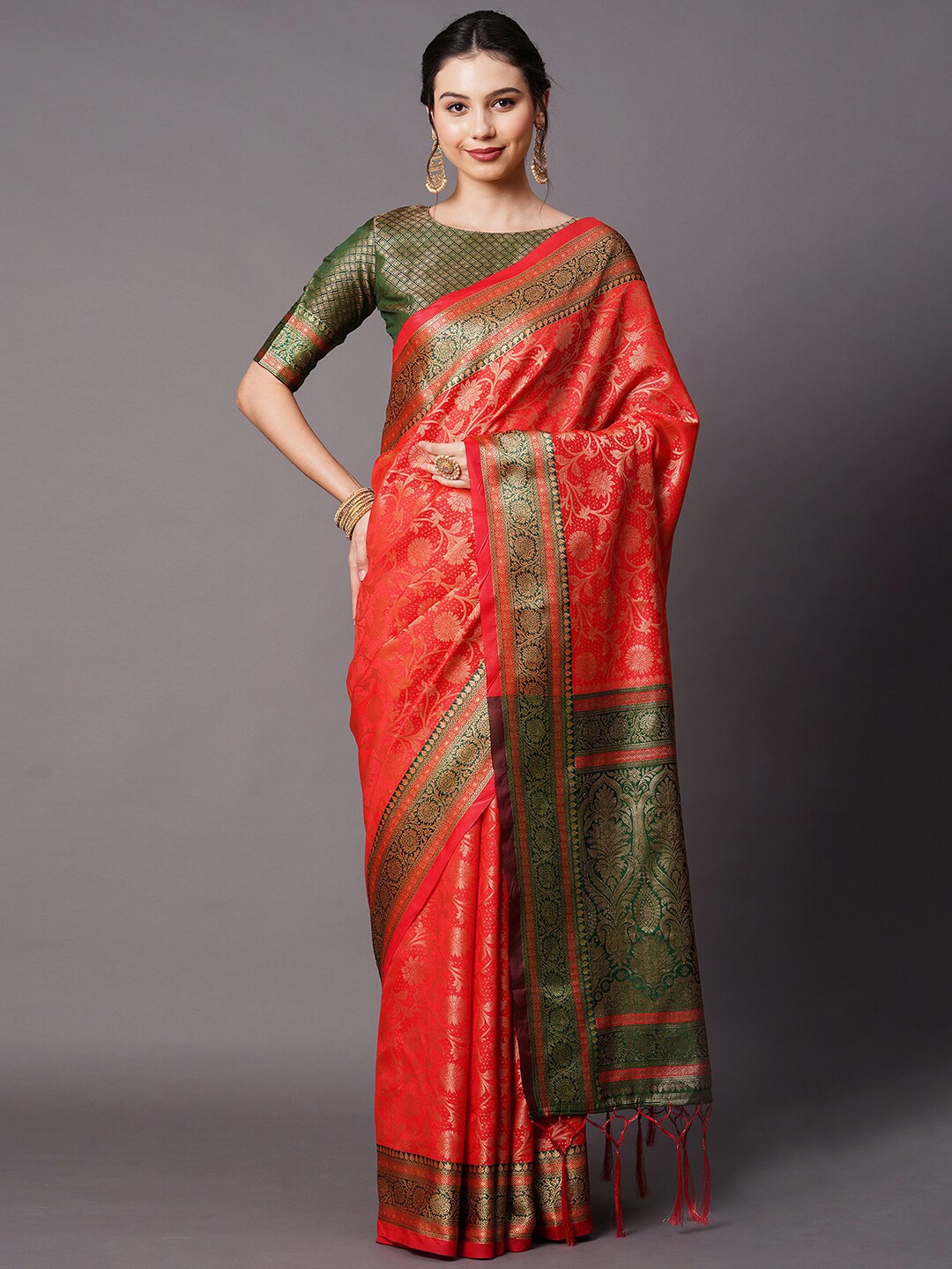 

Mitera Red & Green Woven Design Zari Silk Blend Banarasi Saree