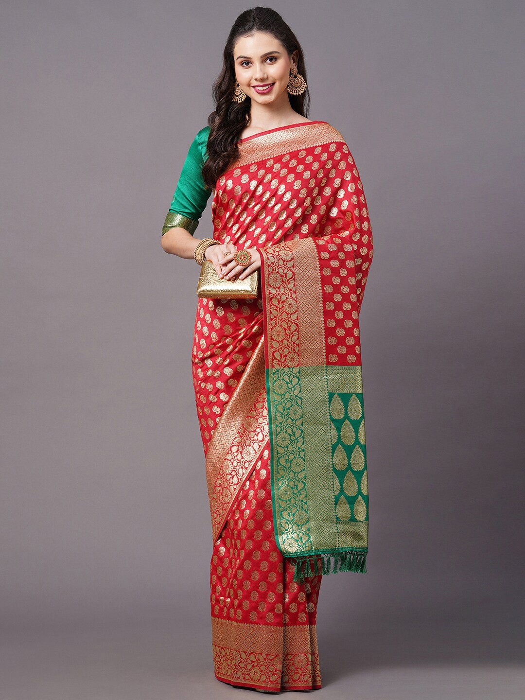 

Mitera Red & Green Woven Design Zari Silk Blend Banarasi Saree