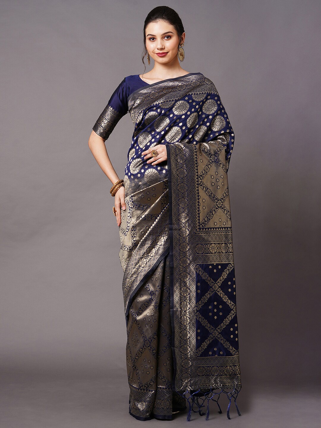 

Mitera Navy Blue & Gold-Toned Woven Design Zari Silk Blend Banarasi Saree