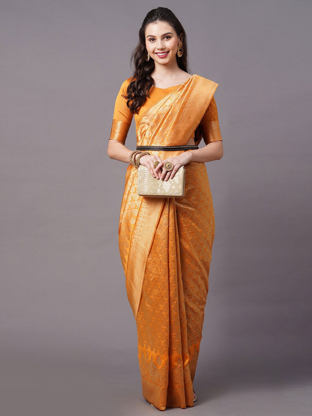 

Mitera Mustard & Gold-Toned Woven Design Zari Silk Blend Banarasi Saree