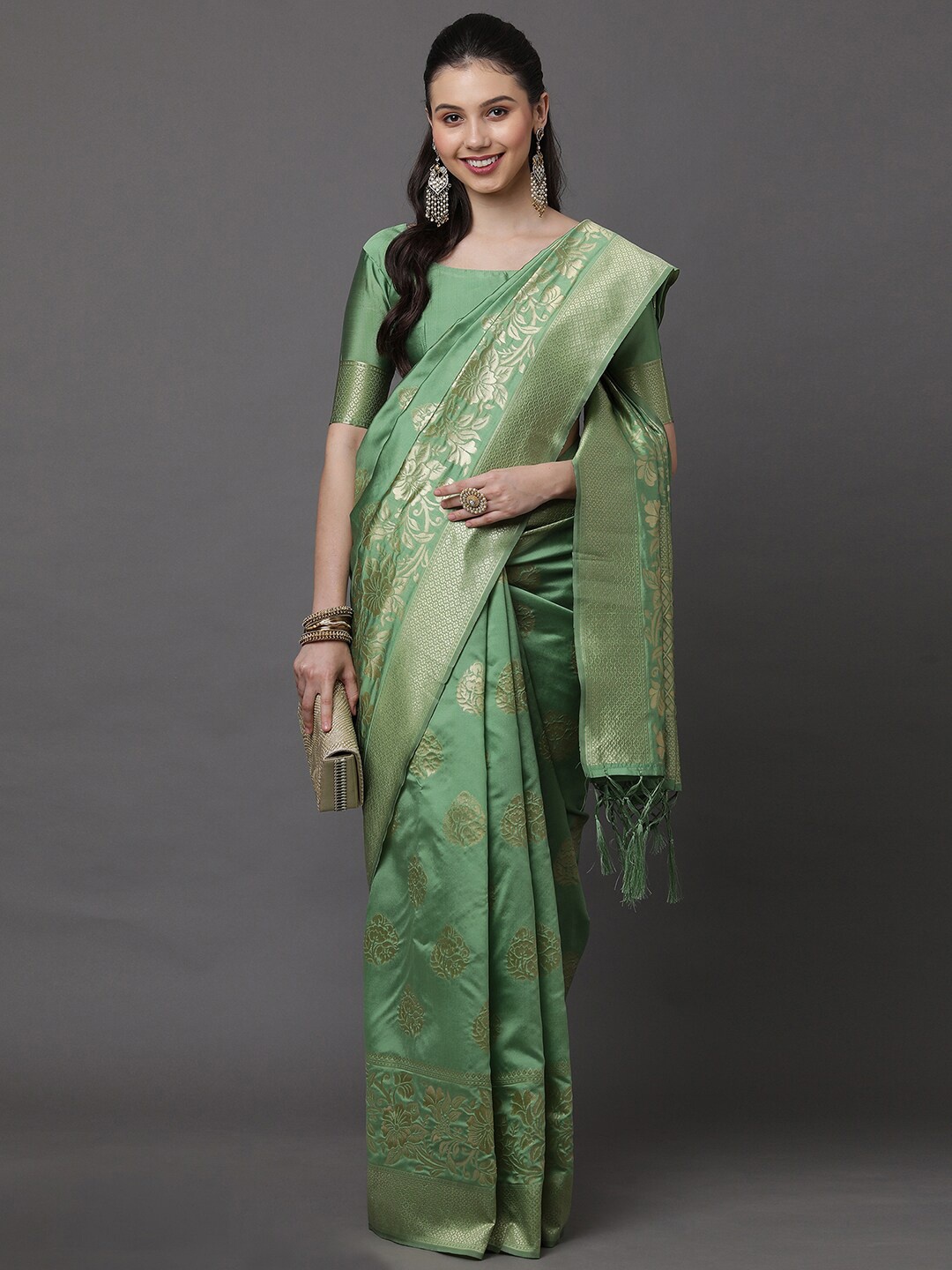 

Mitera Olive Green & Gold-Toned Woven Design Zari Silk Blend Banarasi Saree