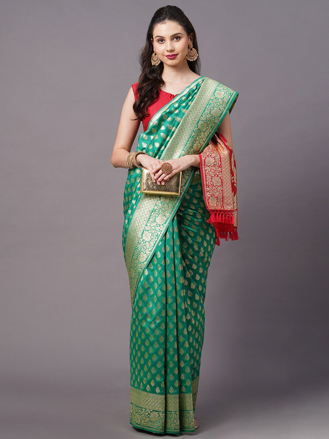 

Mitera Green & Red Woven Design Zari Silk Blend Banarasi Saree
