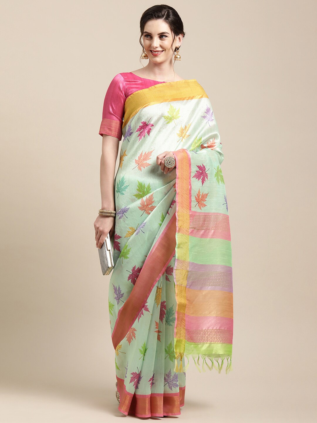 

Mitera Green & Yellow Floral Printed Zari Art Silk Saree