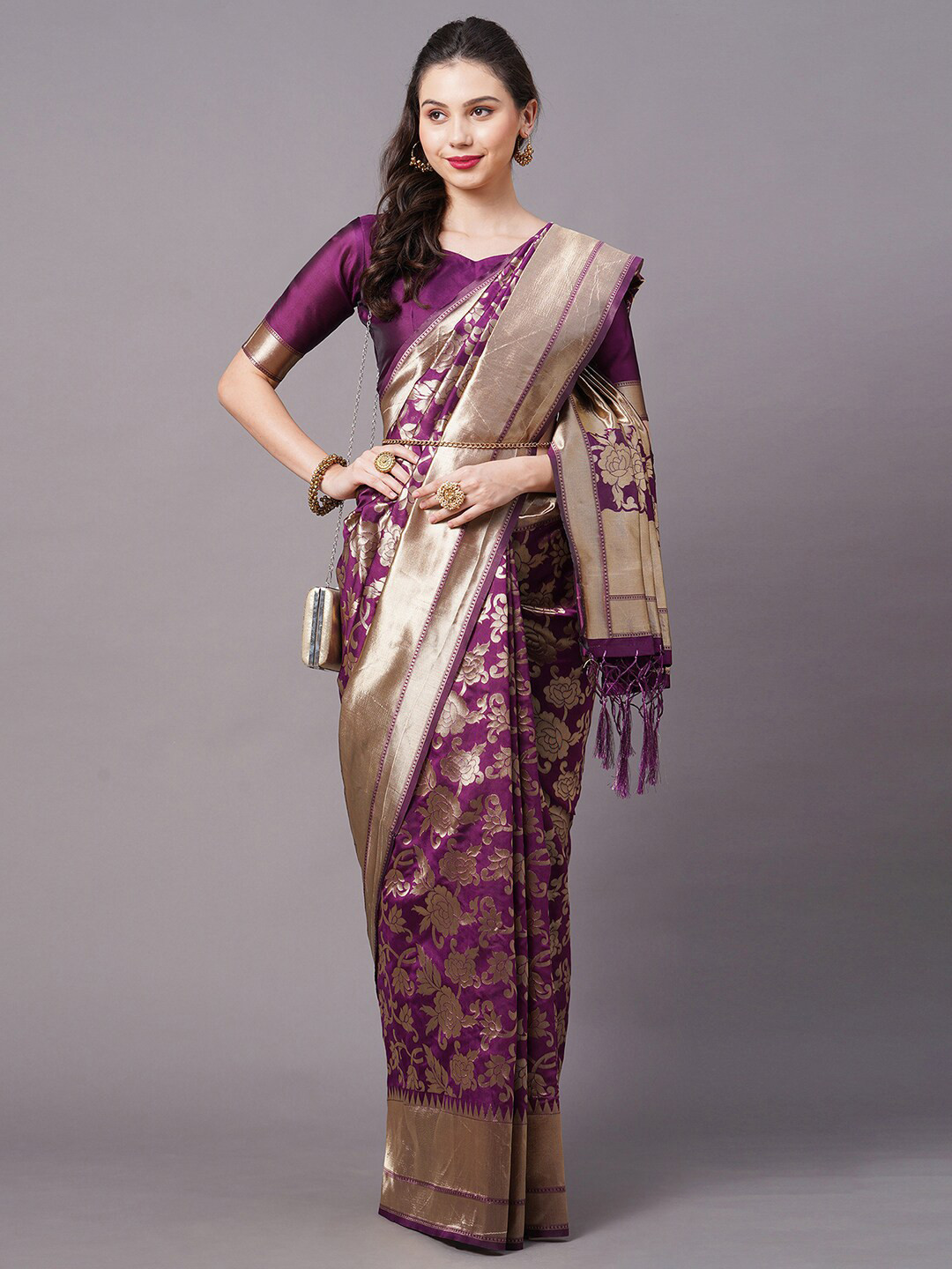 

Mitera Purple & Gold-Toned Woven Design Zari Silk Blend Banarasi Saree