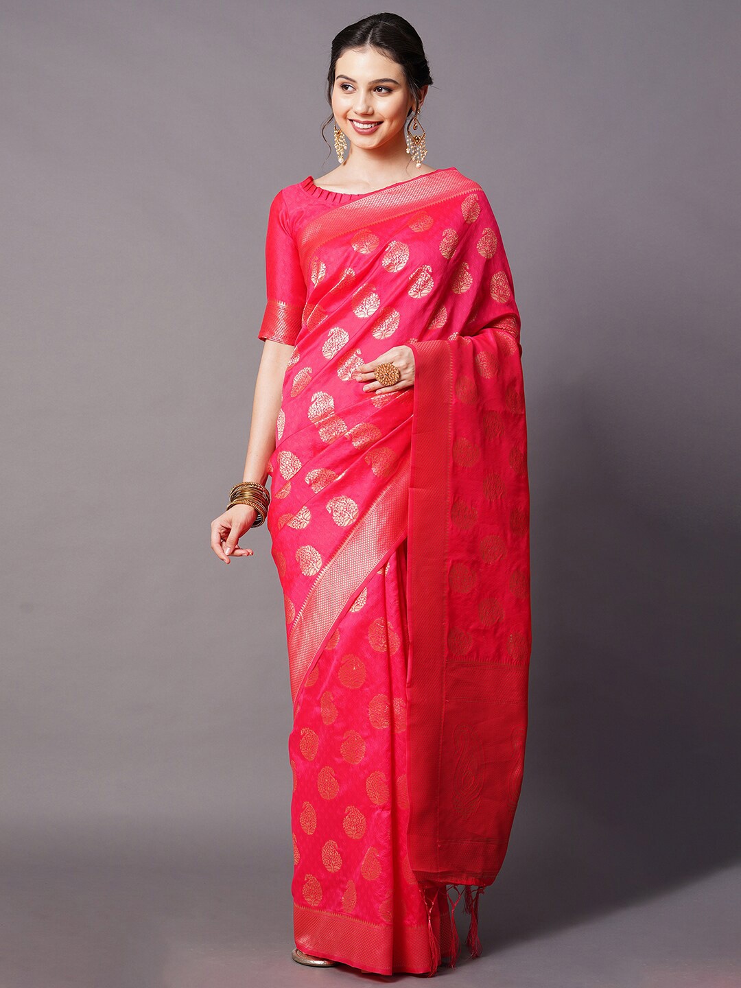 

Mitera Pink & Gold-Toned Woven Design Zari Silk Blend Banarasi Saree