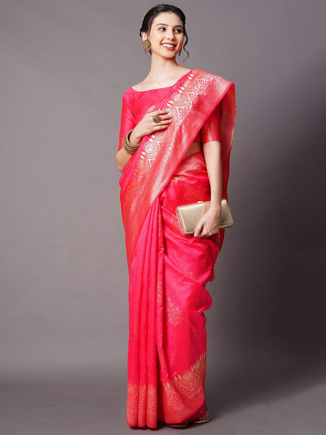 

Mitera Pink & Gold-Toned Ethnic Motifs Zari Banarasi Silk Blend Saree