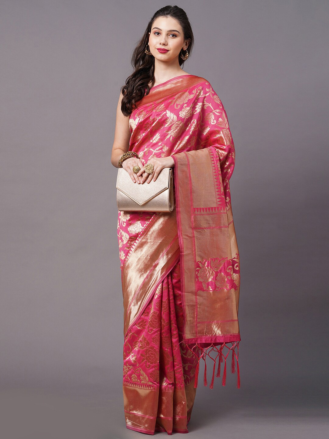 

Mitera Pink & Gold-Toned Floral Zari Silk Blend Banarasi Saree