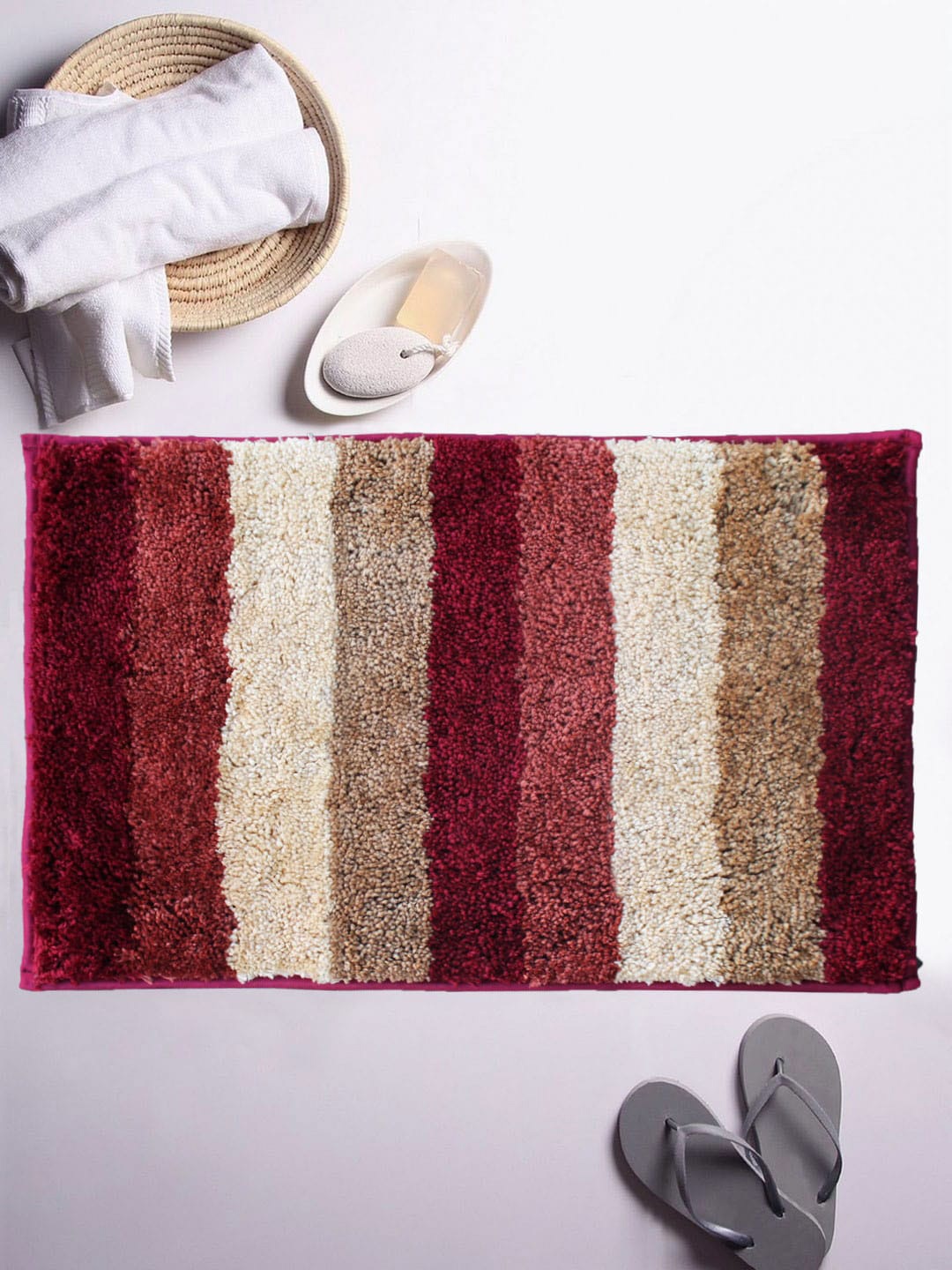 

LUXEHOME INTERNATIONAL Red & Brown Striped Microfibre Anti-Skid 1850 GSM Bath Rug