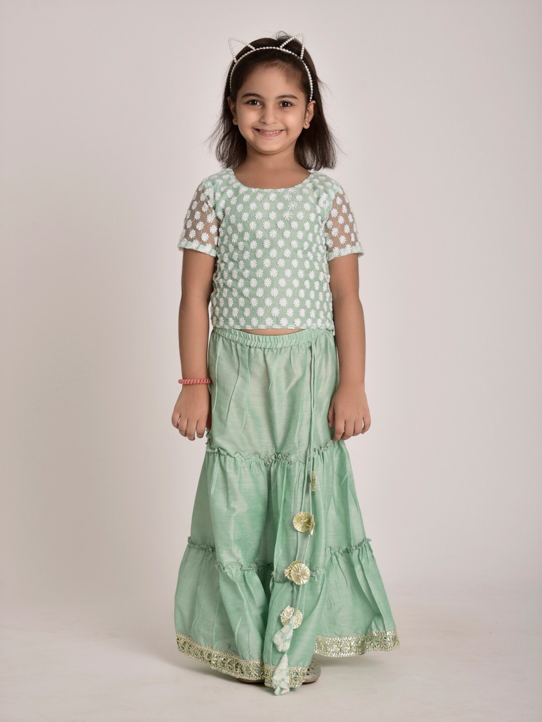 

CUTE LEMONS Girls Green & Gold-Toned Embroidered Ready to Wear Lehenga