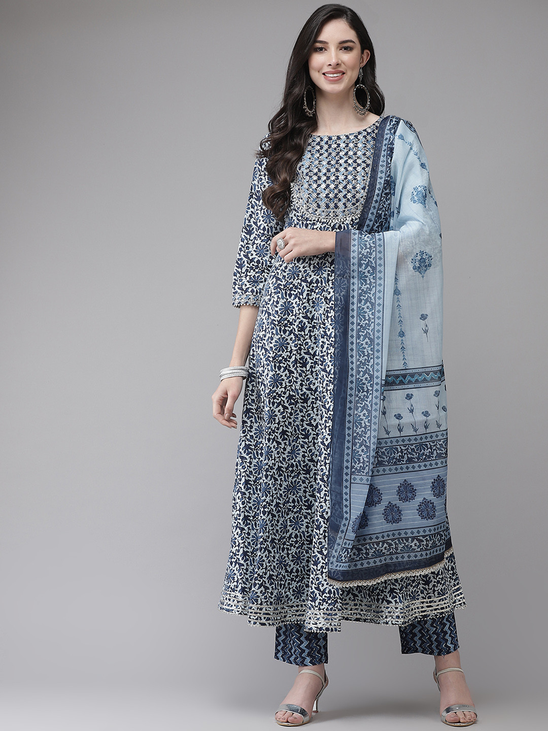 

Yufta Women Blue Floral Printed Empire Aari Work Pure Cotton Kurta with Trousers & With Dupatta