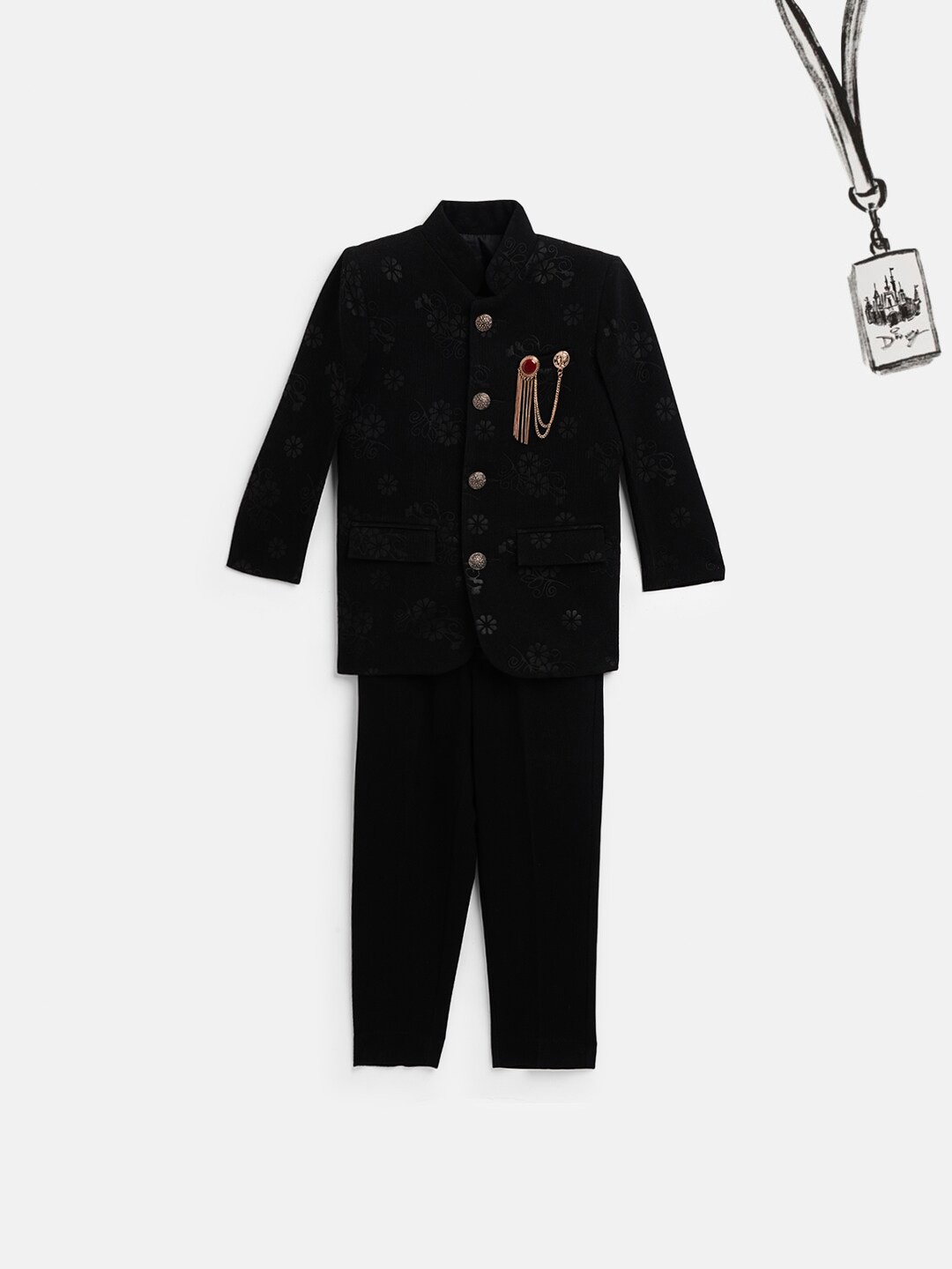 

Blue Giraffe Boys Black Printed Two-Piece Bandgala Suit
