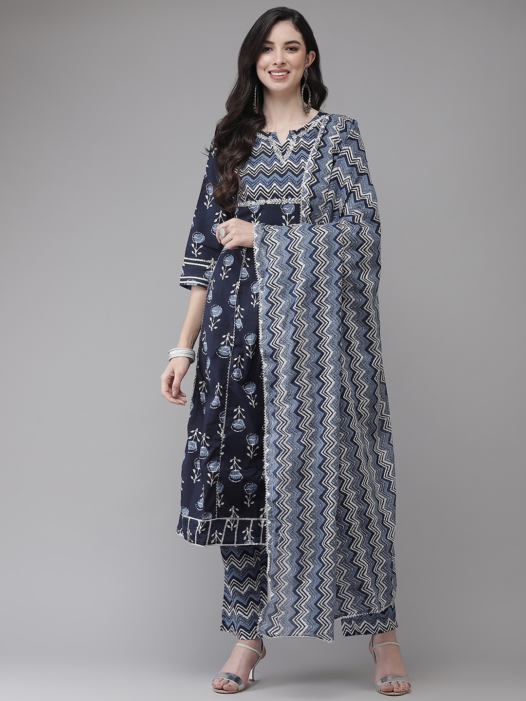 

Yufta Women Blue Yoke Design Regular Pure Cotton Kurta with Trousers & With Dupatta