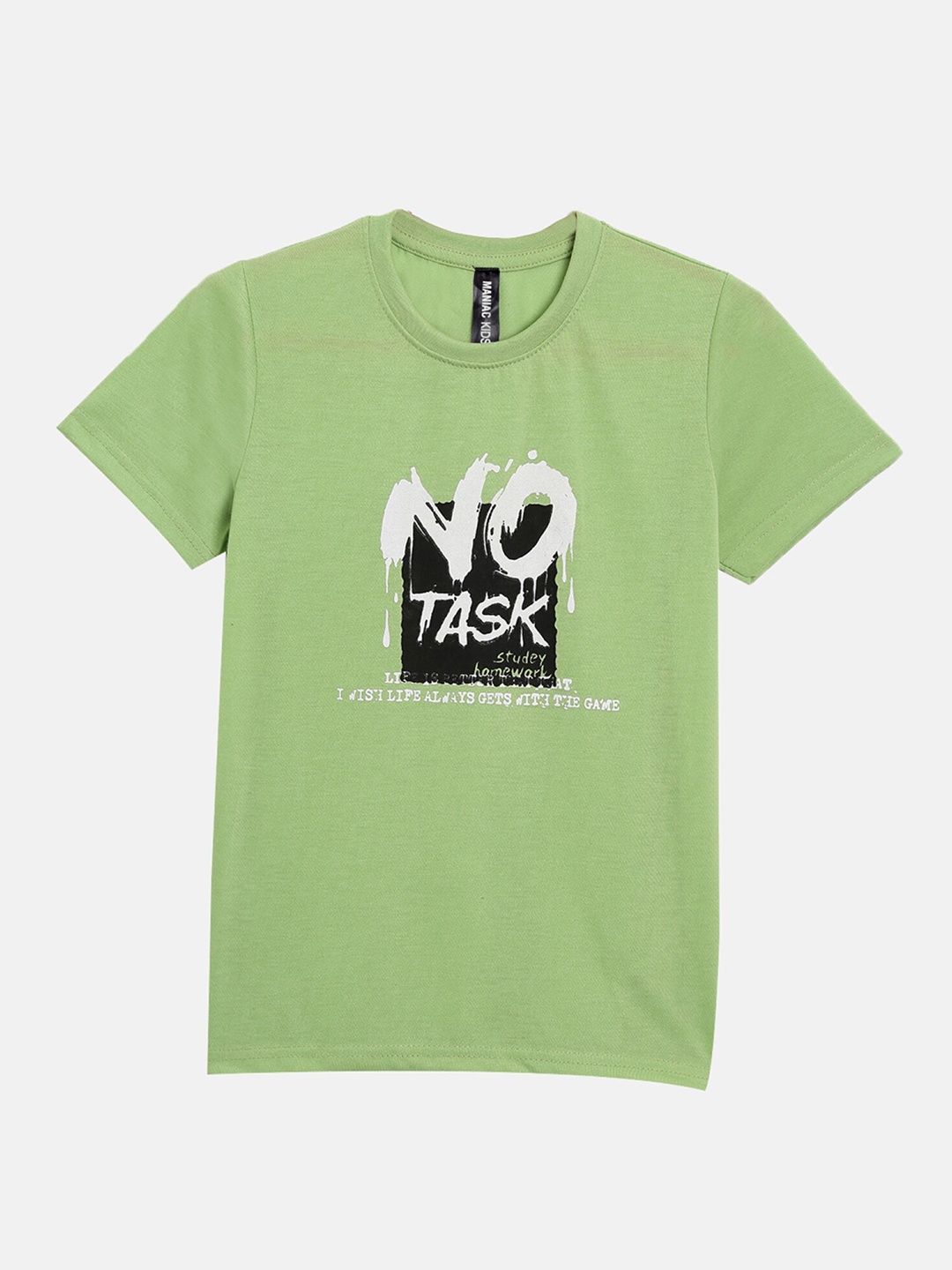 Maniac Boys Green Typography Printed Applique Slim Fit T-shirt
