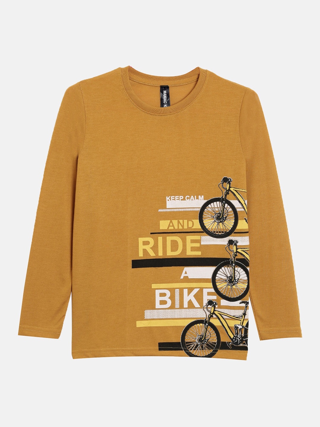 

Maniac Boys Mustard Yellow Printed Slim Fit T-shirt