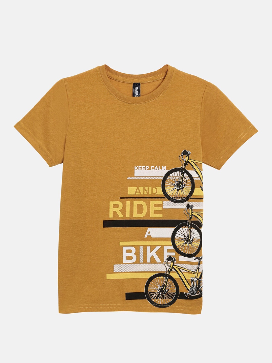 

Maniac Boys Yellow Typography Printed Pockets Slim Fit T-shirt