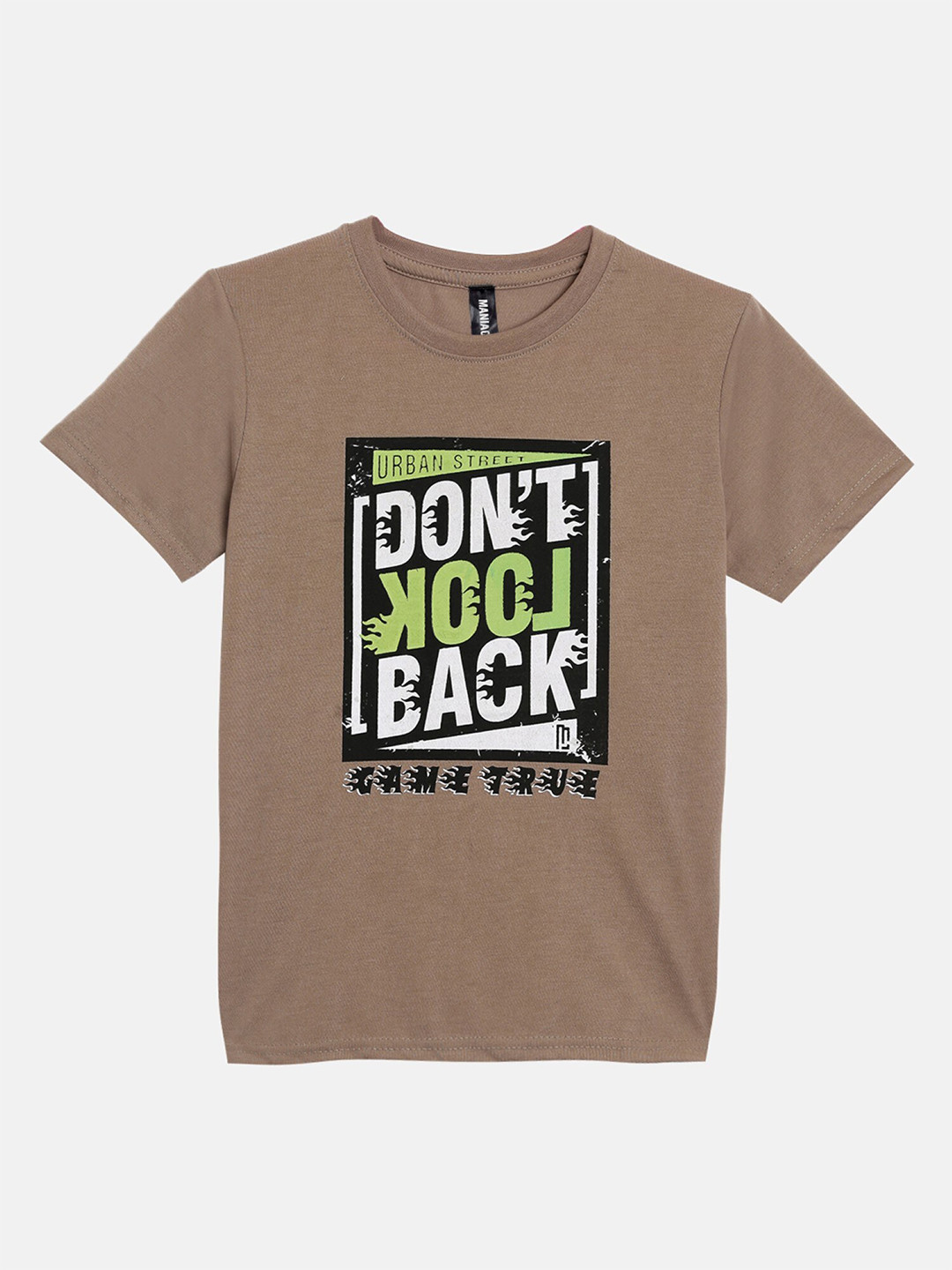 

Maniac Boys Olive Green Typography Printed Pure Cotton Slim Fit T-shirt