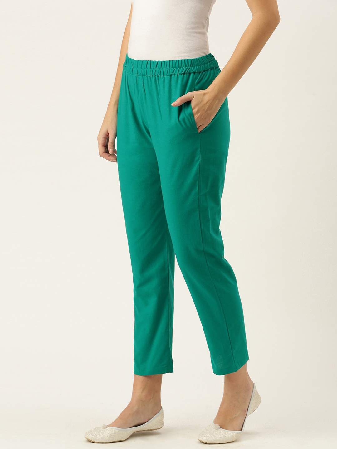 

SWAGG INDIA Women Teal Green Cotton Chino Trousers