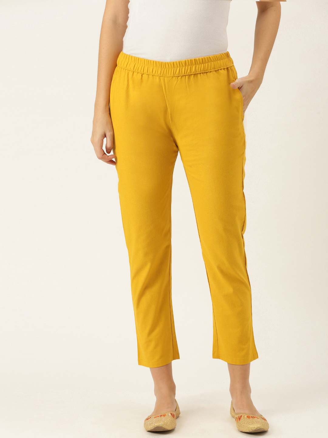 

SWAGG INDIA Women Mustard Yellow Cotton Chino Trousers