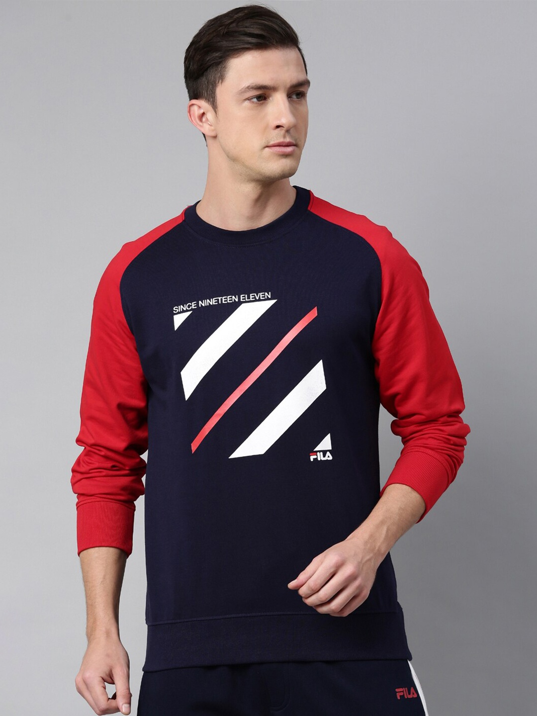 

FILA Men Navy Blue & Red Colourblocked Printed Sweatshirt