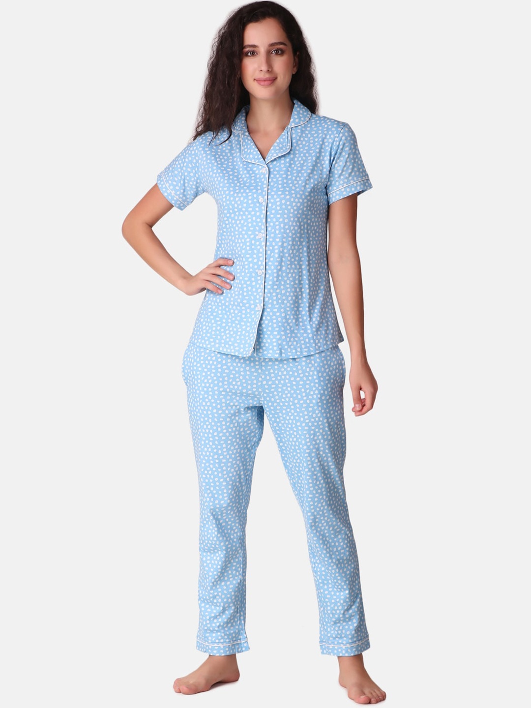 

Masha Women Blue & White Printed Night suit