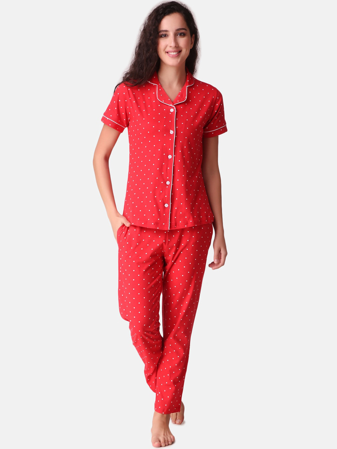 

Masha Women Red & White Polka Dot Printed Night suit