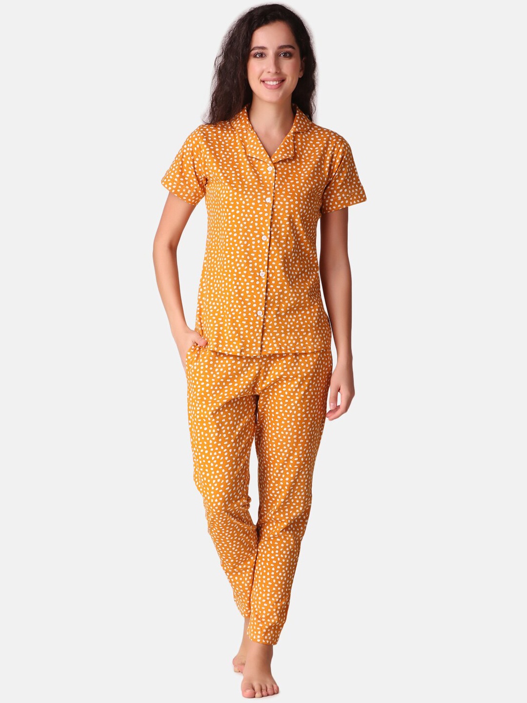 

Masha Women Mustard & White Printed Night suit