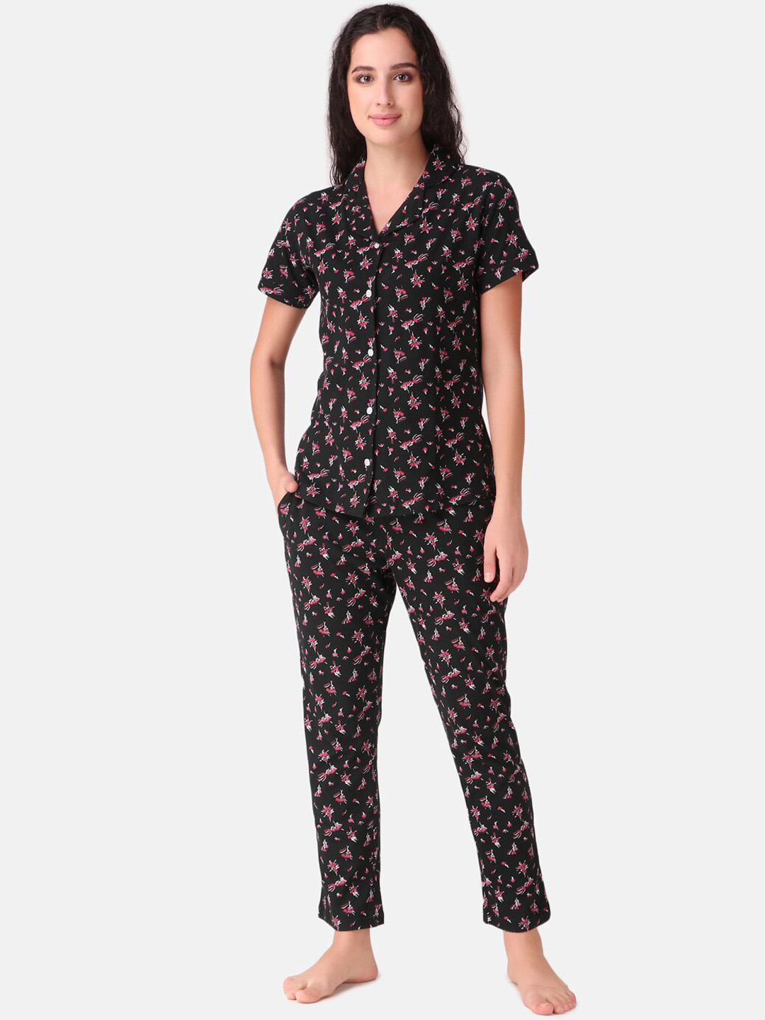 

Masha Women Black & Pink Printed Pure Cotton Night suit