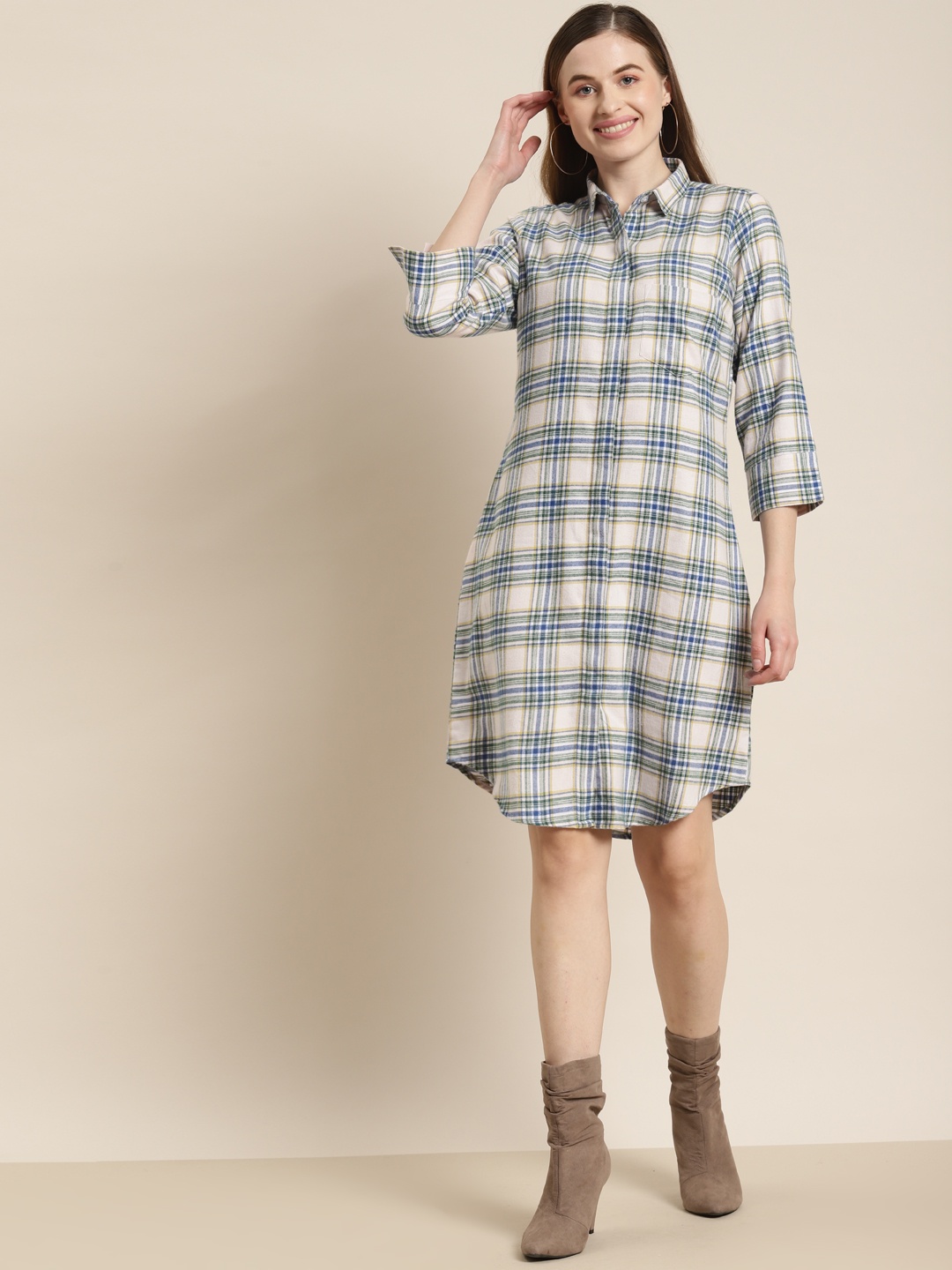 

Hancock Off White & Blue Cotton Checked Shirt Dress