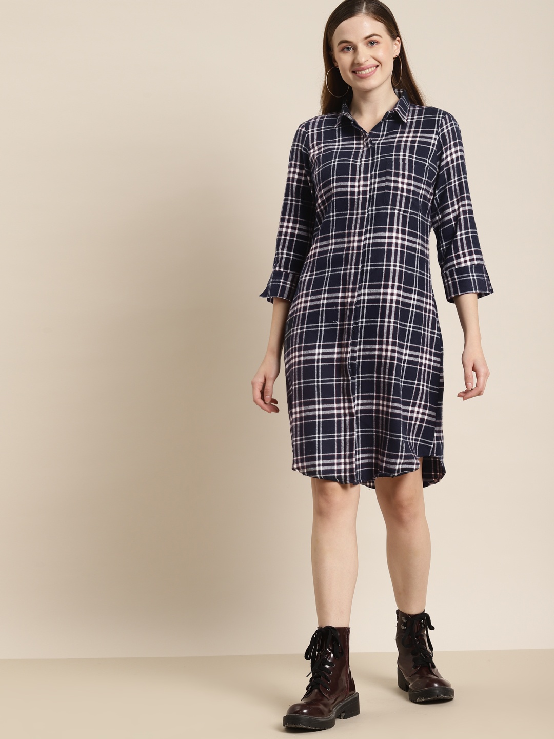 

Hancock Navy Blue & White Cotton Checked Shirt Dress