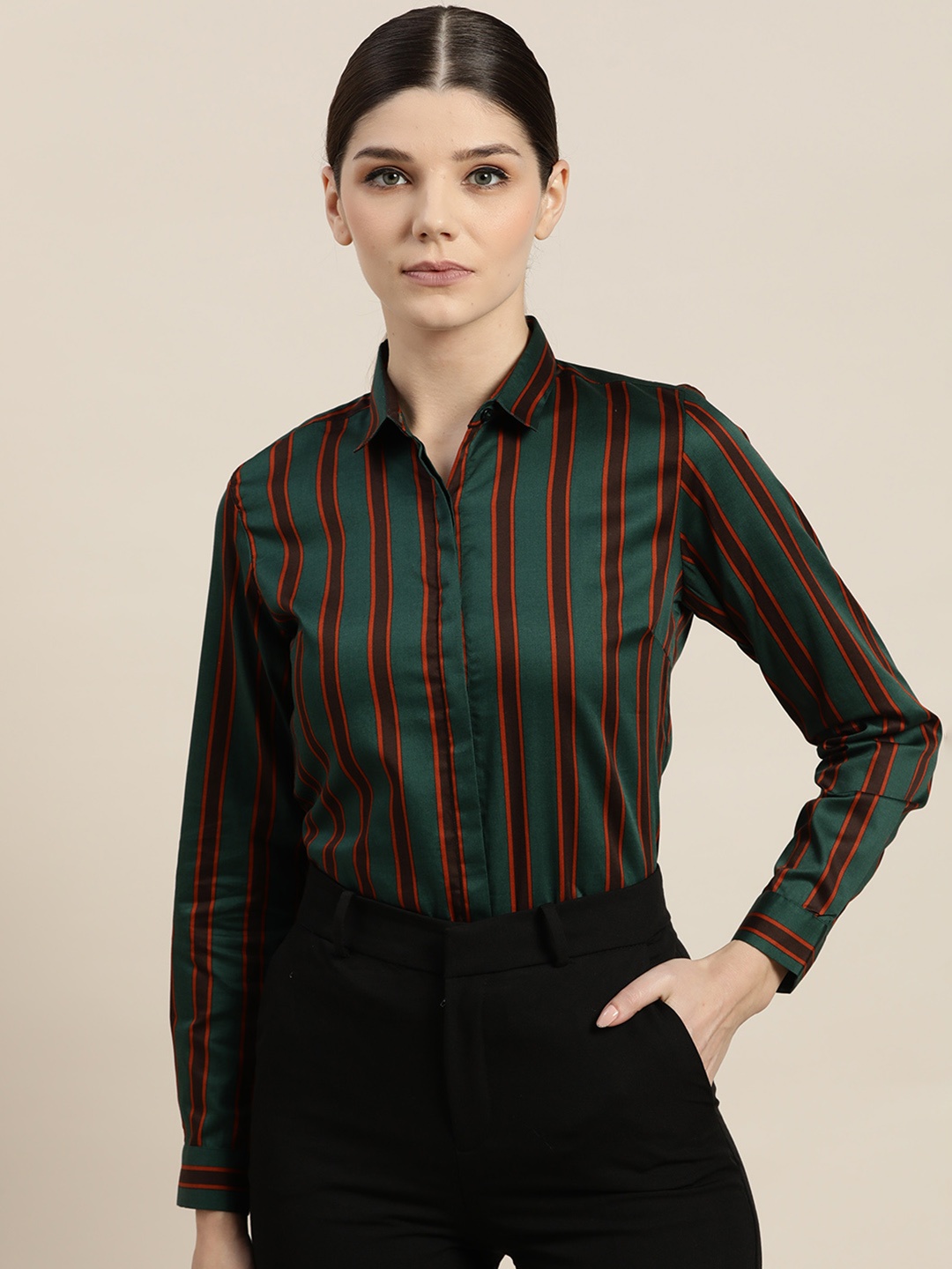 

Hancock Women Green Slim Fit Striped Formal Shirt