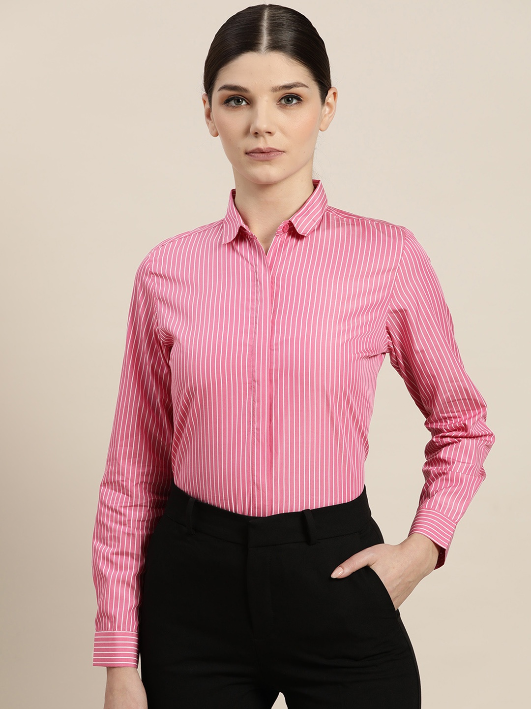 

Hancock Women Pink Slim Fit Striped Formal Shirt