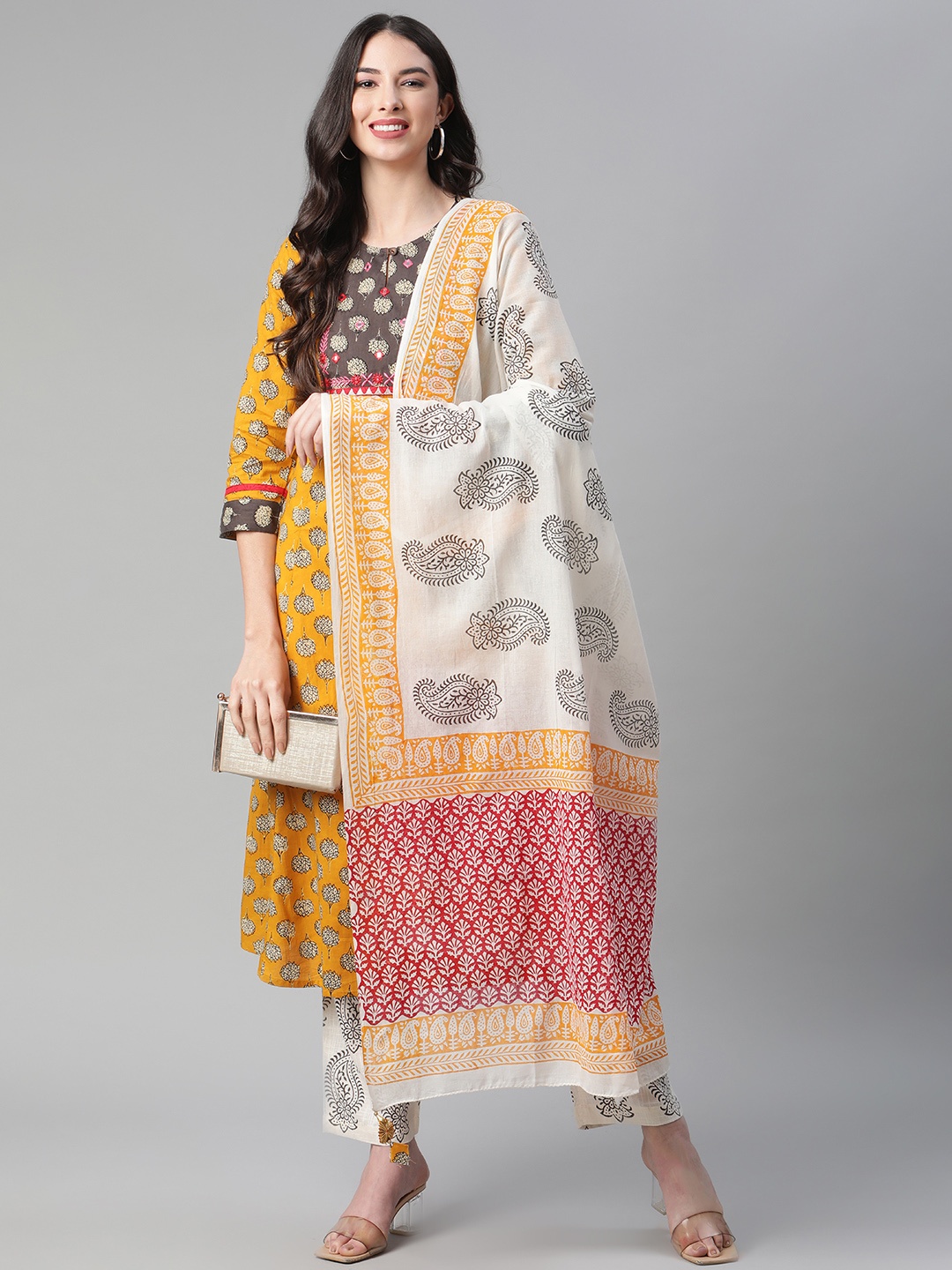 

Sakhi Jaipur Women Yellow Ethnic Motifs Printed Thread Work Pure Cotton Kurta with Trousers & With Dupatta
