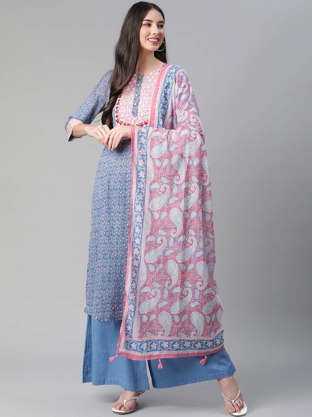 

Sakhi Jaipur Women Blue Paisley Printed Thread Work Cotton Kurta with Palazzos & Dupatta