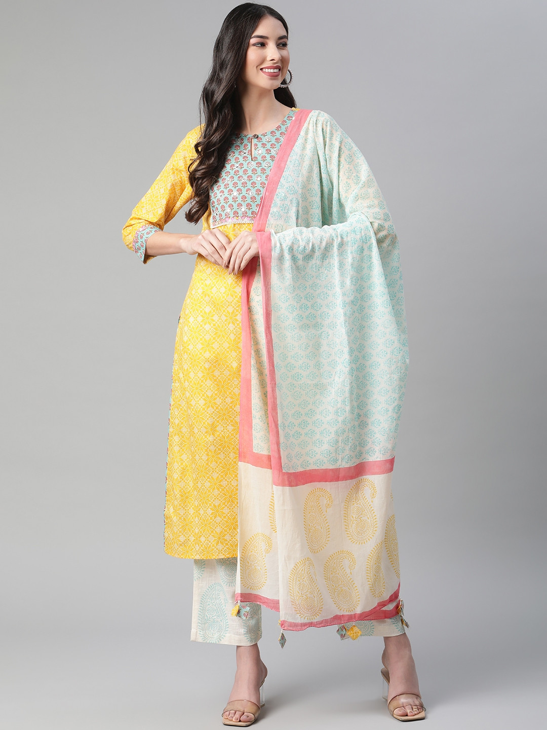 

Sakhi Jaipur Women Yellow Ethnic Motifs Mirror Work Cotton Kurta with Trousers & Dupatta