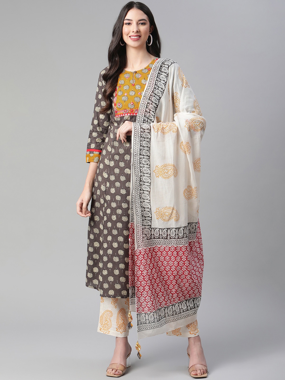 

Sakhi Jaipur Women Charcoal & Mustard Floral Printed Cotton Kurta with Trousers & Dupatta