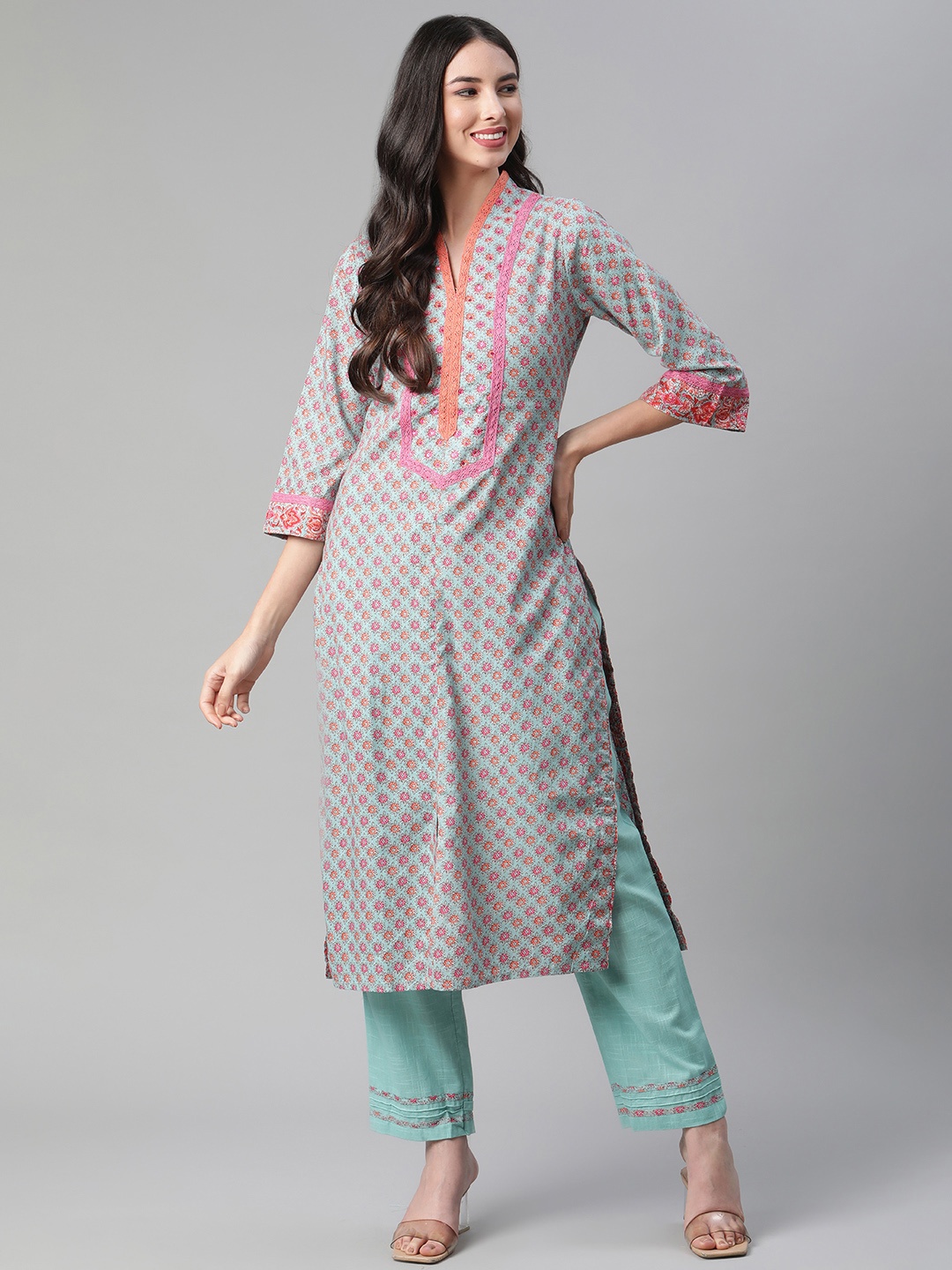 

Sakhi Jaipur Women Green Floral Printed Pure Cotton Kurta with Trousers