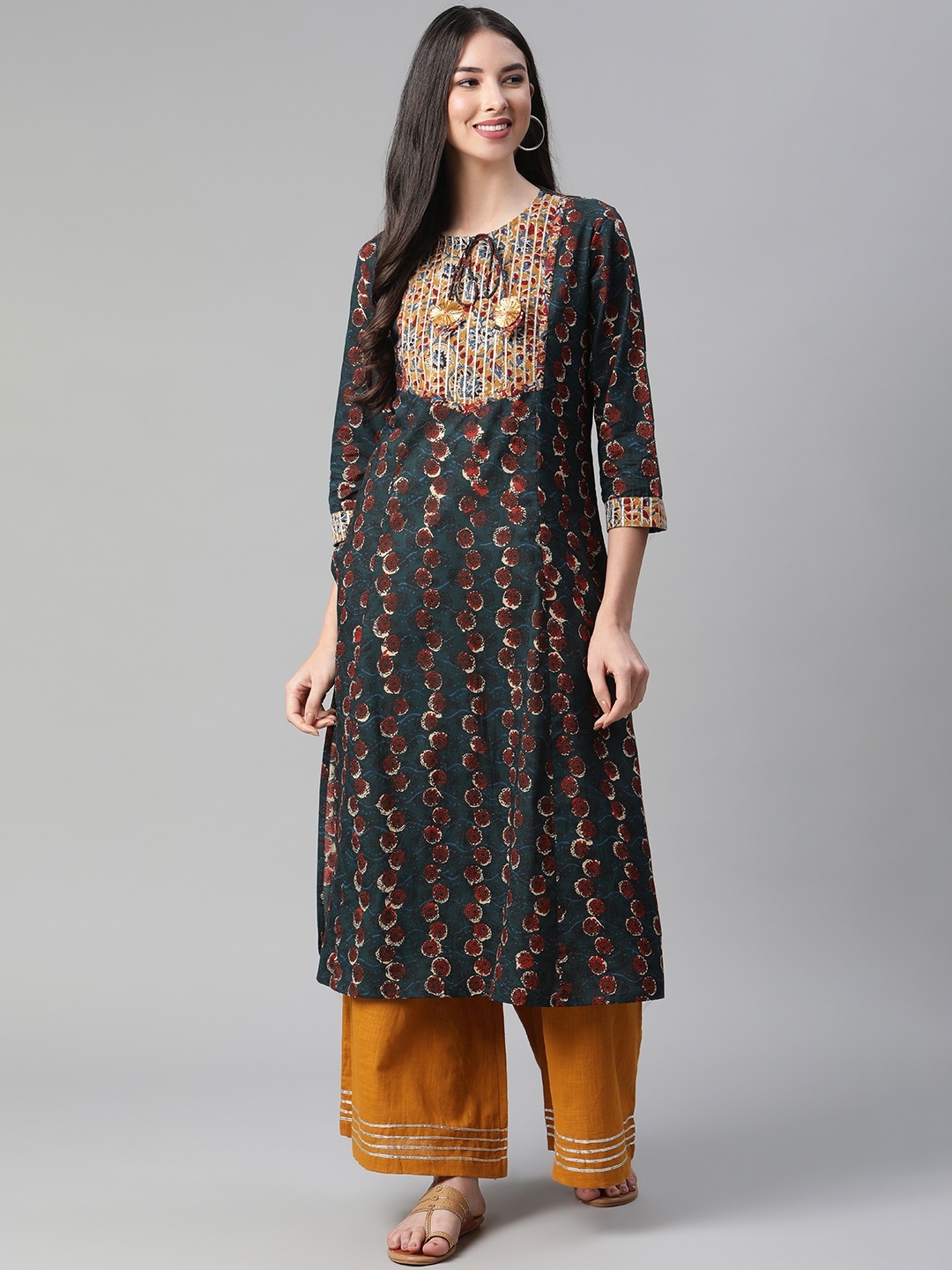 

Sakhi Jaipur Women Green & Brown Quirky Printed Gotta Patti Cotton Kurta with Palazzos