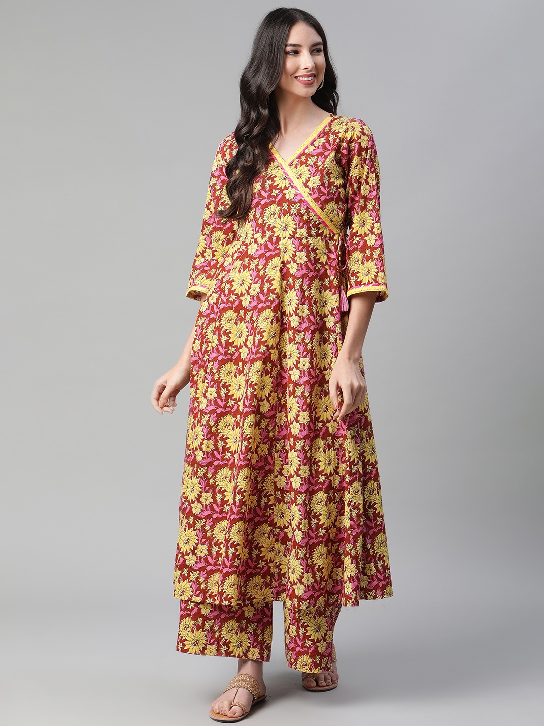 

Sakhi Jaipur Women Red & Yellow Floral Printed Angrakha Pure Cotton Kurta with Palazzos