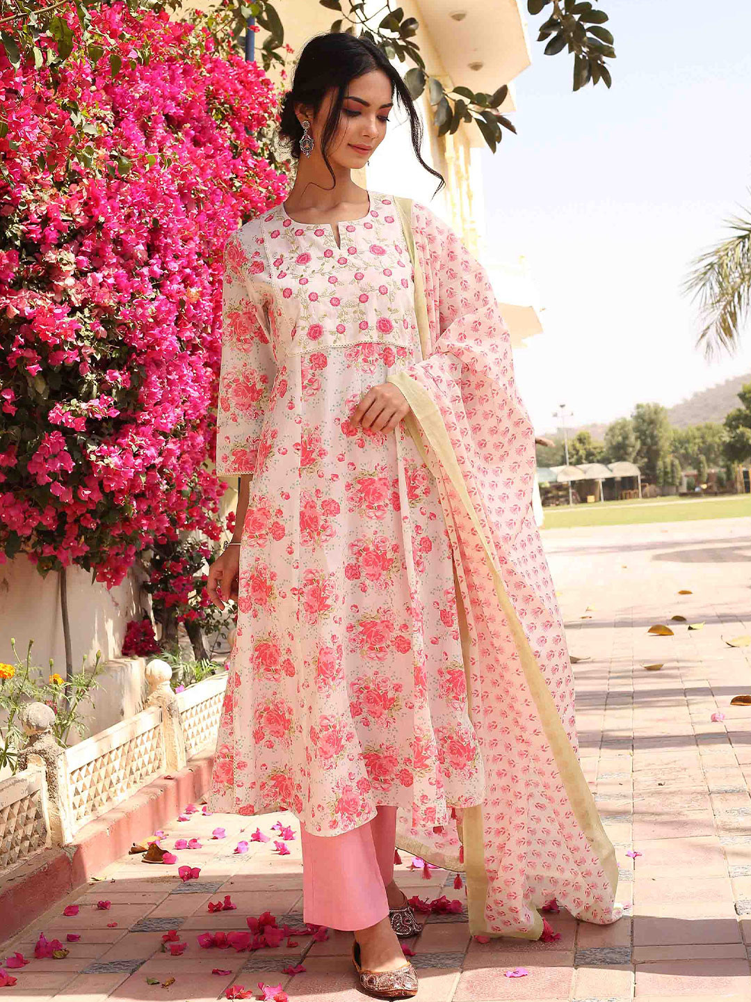 

Sakhi Jaipur Women Pink Floral Printed Thread Work Cotton Kurta with Trousers & Dupatta